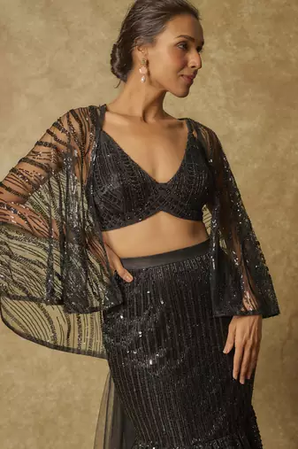 Black embroidered mermaid skirt dupatta and blouse