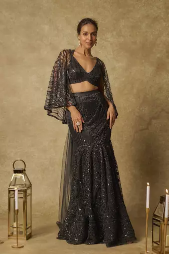 Black embroidered mermaid skirt dupatta and blouse