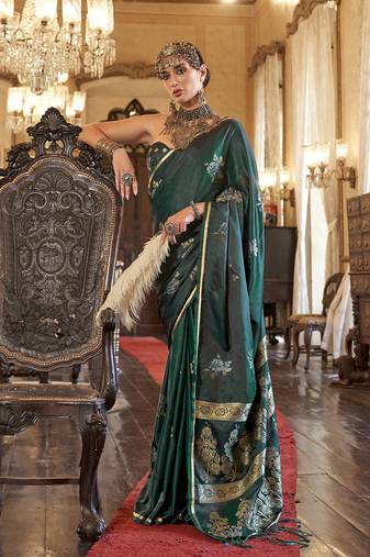Luxurious dark emerald green satin silk saree with intricate weaving design