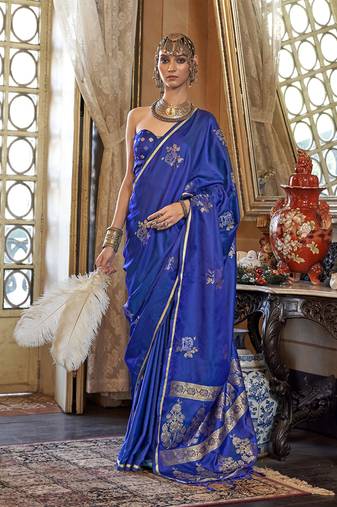 Luxurious royal blue satin silk saree with intricate weaving design