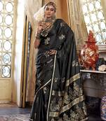Luxurious black satin silk saree with intricate weaving design