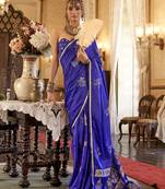 Luxurious indigo satin silk saree with intricate weaving design