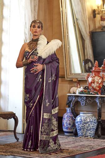 Luxurious wine satin silk saree with intricate weaving design