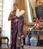 Luxurious wine satin silk saree with intricate weaving design