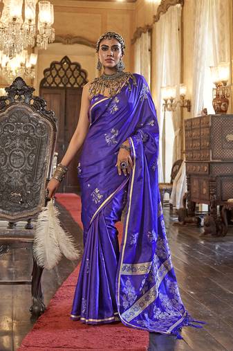 Luxurious royal purple satin silk saree with intricate weaving design