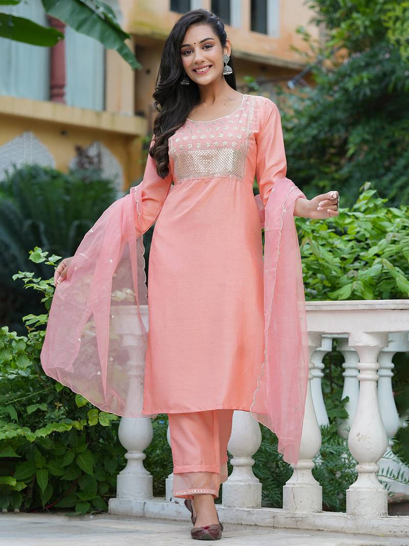 peach color embroidered poly silk styles kurta trouser with dupatta