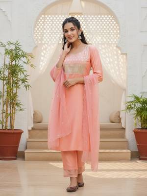 peach color embroidered poly silk styles kurta trouser with dupatta 6
