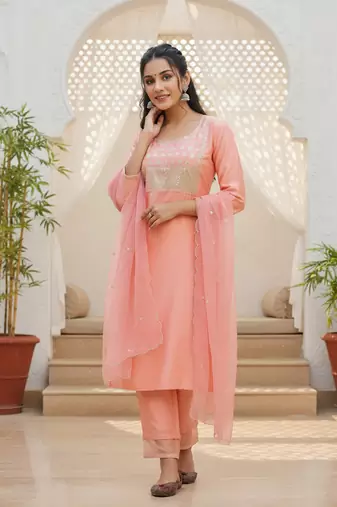 peach color embroidered poly silk styles kurta trouser with dupatta