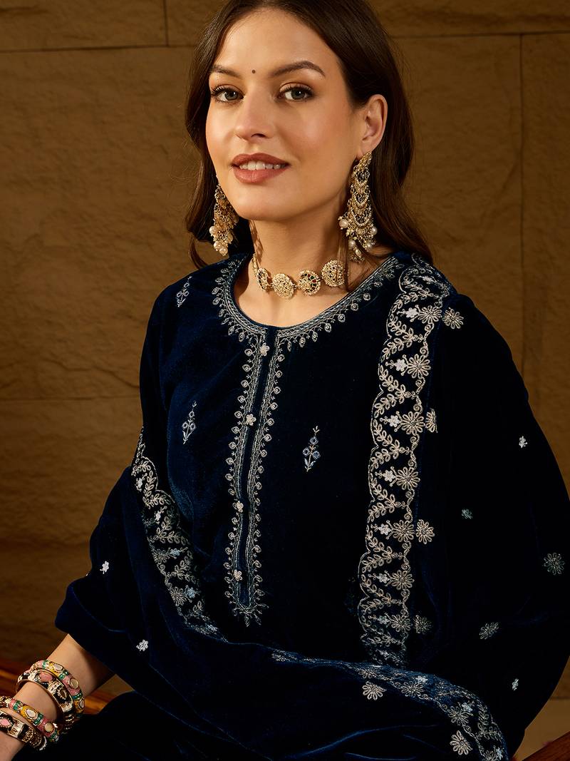 Women blue velvet solid embroidered straight kurta trousers with dupatta
