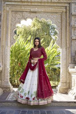 White and Maroon Georgette Thread Work Wedding Lehenga Choli 1