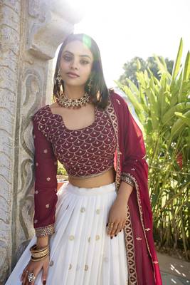 White and Maroon Georgette Thread Work Wedding Lehenga Choli 2