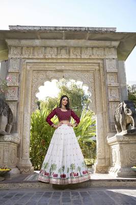 White and Maroon Georgette Thread Work Wedding Lehenga Choli 3