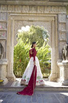 White and Maroon Georgette Thread Work Wedding Lehenga Choli 4