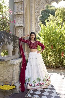 White and Maroon Georgette Thread Work Wedding Lehenga Choli 5