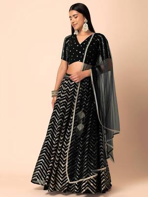 black sequins zari embroidered georgette lehenga set choli with dupatta with dupatta 2