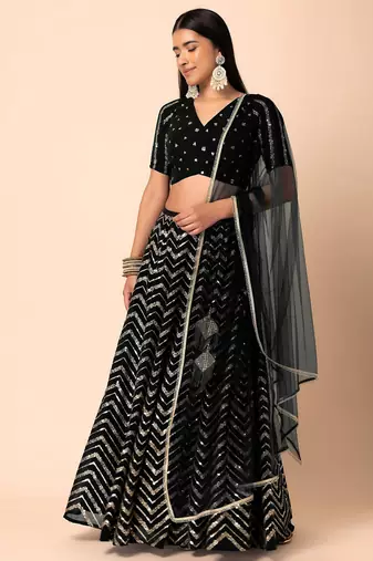black sequins zari embroidered georgette lehenga set choli with dupatta with dupatta