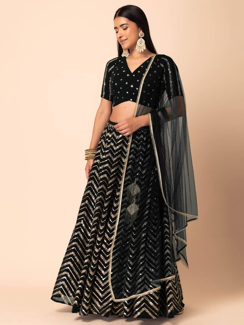  Black Sequins Zari Embroidered Georgette Designer Lehenga Choli with Dupatta