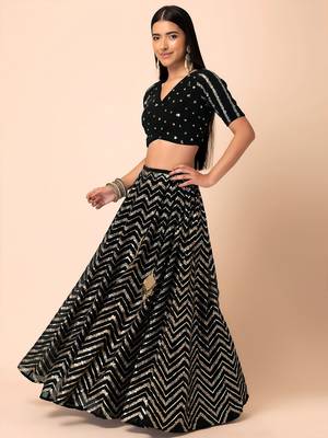black sequins zari embroidered georgette lehenga set choli with dupatta with dupatta 3