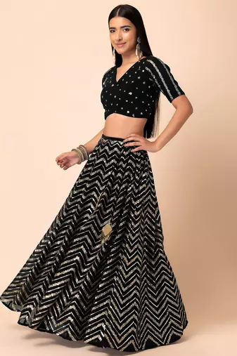 black sequins zari embroidered georgette lehenga set choli with dupatta with dupatta