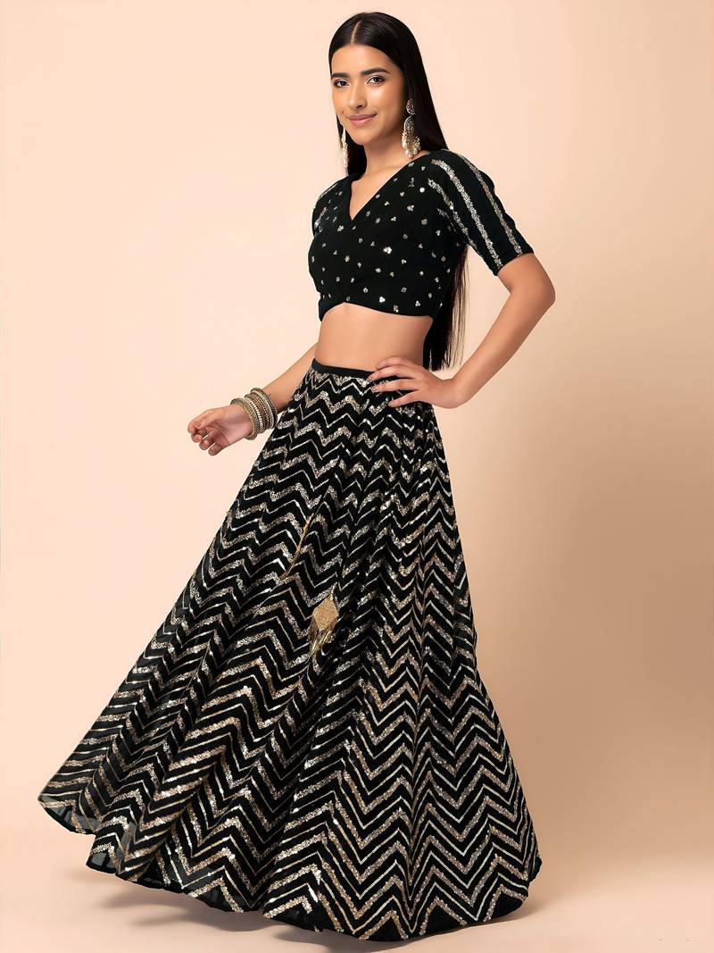 black sequins zari embroidered georgette lehenga set choli with dupatta with dupatta