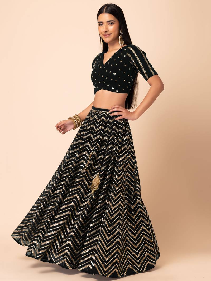 Black Sequins Zari Embroidered Georgette Designer Lehenga Choli with Dupatta