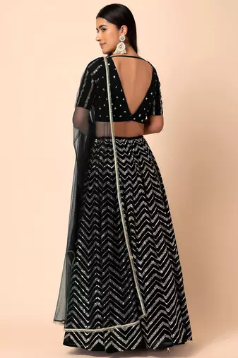 black sequins zari embroidered georgette lehenga set choli with dupatta with dupatta
