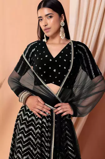 black sequins zari embroidered georgette lehenga set choli with dupatta with dupatta
