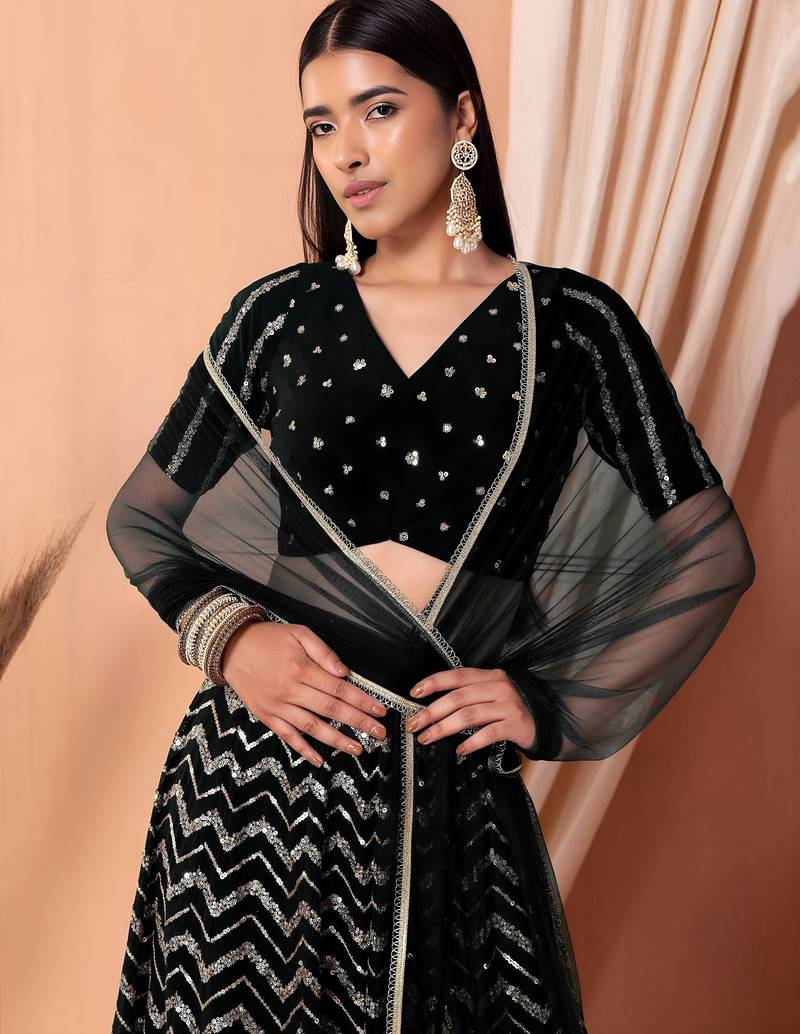 black sequins zari embroidered georgette lehenga set choli with dupatta with dupatta