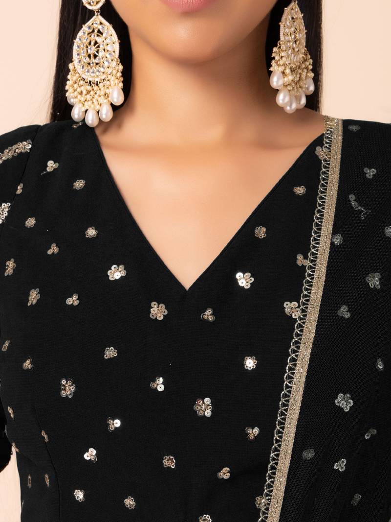  Black Sequins Zari Embroidered Georgette Designer Lehenga Choli with Dupatta