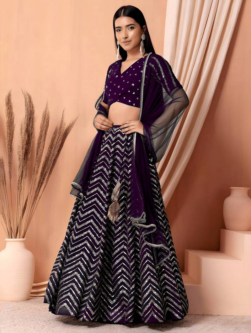 purple sequins zari embroidered georgette lehenga set choli with dupatta with dupatta