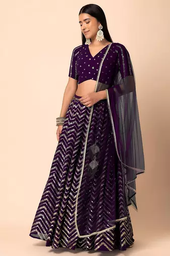 purple sequins zari embroidered georgette lehenga set choli with dupatta with dupatta