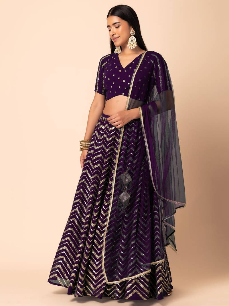 Stunning Purple Sequins Zari Embroidered Georgette Designer Lehenga Choli with Dupatta
