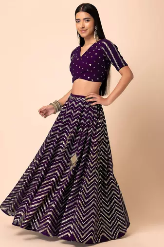 purple sequins zari embroidered georgette lehenga set choli with dupatta with dupatta