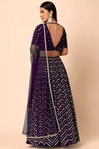 purple sequins zari embroidered georgette lehenga set choli with dupatta with dupatta