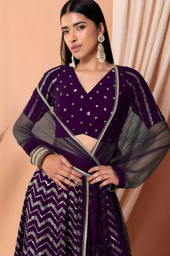 purple sequins zari embroidered georgette lehenga set choli with dupatta with dupatta