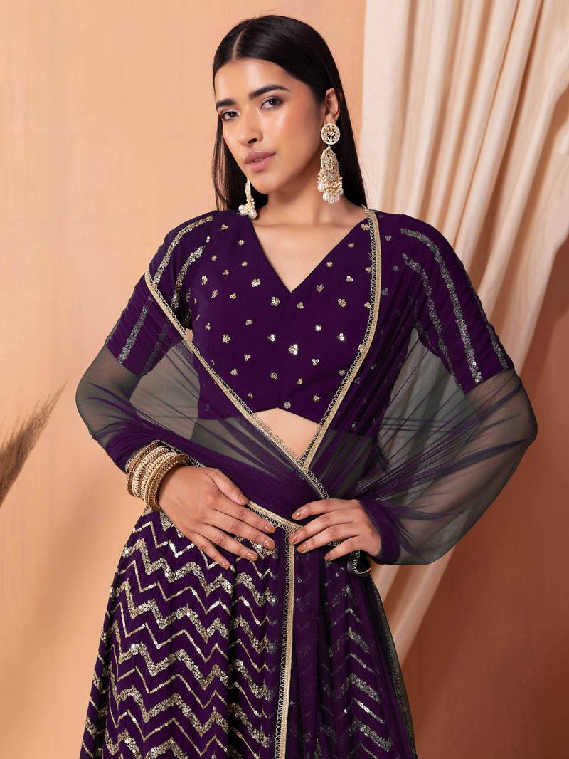 Stunning Purple Sequins Zari Embroidered Georgette Designer Lehenga Choli with Dupatta