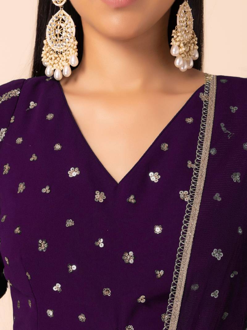 Stunning Purple Sequins Zari Embroidered Georgette Designer Lehenga Choli with Dupatta