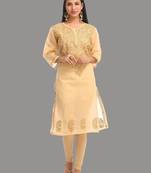 Hand embroidered fawn cotton lucknowi chikankari straight kurta