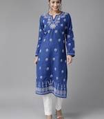 Hand embroidered navy blue cotton lucknow chikankari straight kurta