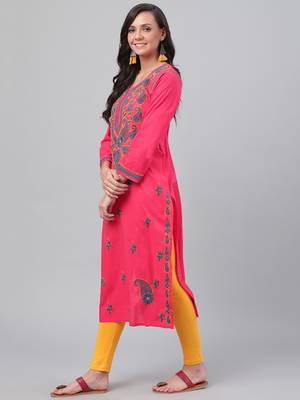 Hand embroidered carrot pink cotton lucknowi chikankari straight kurta 3