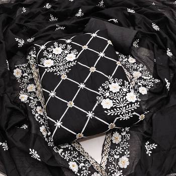 Women's black embrodiered and sequence work chanderi cotton dress material 1