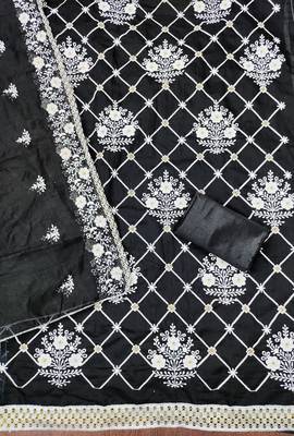 Women's black embrodiered and sequence work chanderi cotton dress material 2