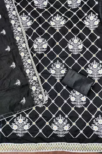 Women's black embrodiered and sequence work chanderi cotton dress material