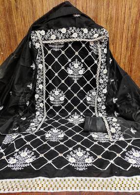Women's black embrodiered and sequence work chanderi cotton dress material 3