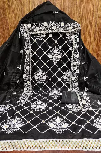 Women's black embrodiered and sequence work chanderi cotton dress material