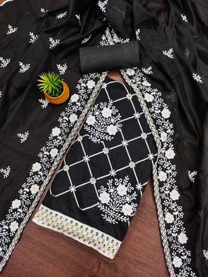 Women's black embrodiered and sequence work chanderi cotton dress material 4
