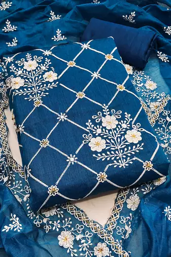 Women's blue unstitched embrodiered and sequence work chanderi cotton dress material 