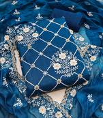 Women's blue unstitched embrodiered and sequence work chanderi cotton dress material 