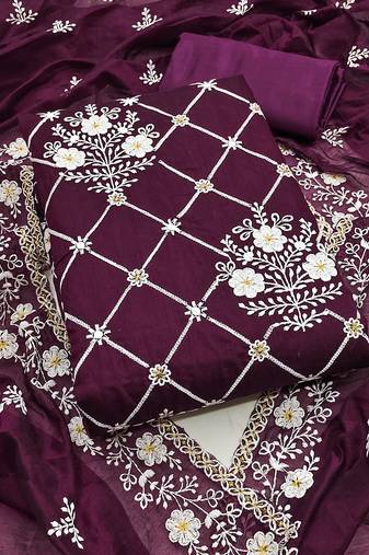 Women's magenta unstitched embrodiered and sequence work chanderi cotton dress material 