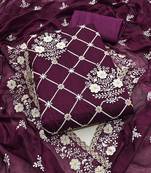 Women's magenta embrodiered and sequence work chanderi cotton dress material